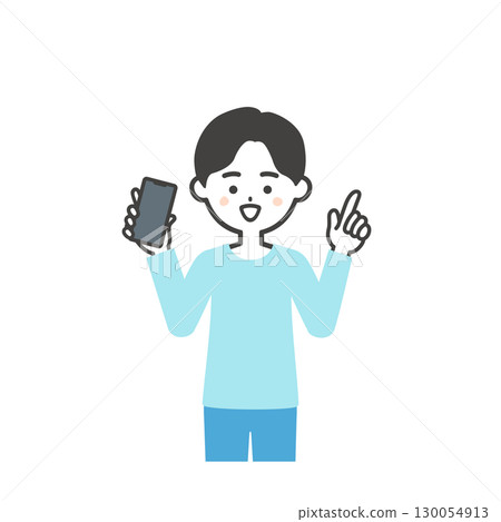 一個男孩拿著智慧型手機並指向上方的插圖 130054913
