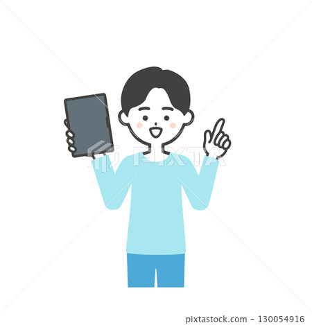 一個男孩拿著平板電腦並指向上方的插圖 一個男孩拿著平板電腦並指向上方的插圖 130054916