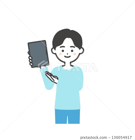 一個男孩指著平板電腦的插圖 一個男孩指著平板電腦的插圖 130054917