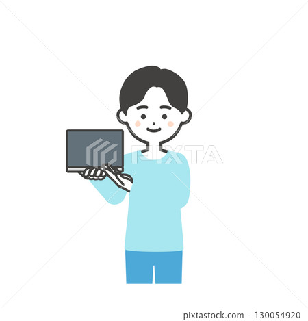 一個男孩指著一台筆記型電腦的插圖 一個男孩指著一台筆記型電腦的插圖 130054920