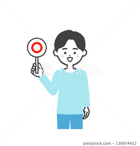 Illustration of a boy holding a correct answer card 130054922
