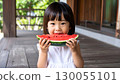 一個可愛的日本小女孩坐在陽台上開心地吃西瓜 130055101