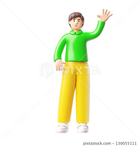 Man greeting hand gesture, showing five fingers, 3D cartoon vector friendly guy character with brown hair, full height 130055111