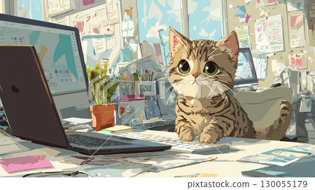 貓的辦公桌工作 130055179