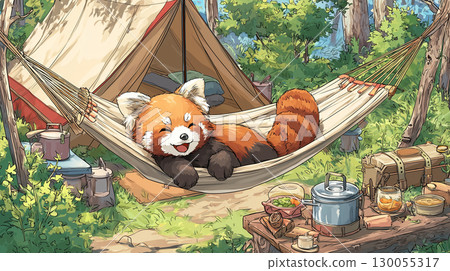 Red panda relaxing in a hammock 130055317