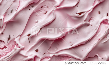 Pink strawberry ice cream surface with creamy swirled texture background, copy space 130055402