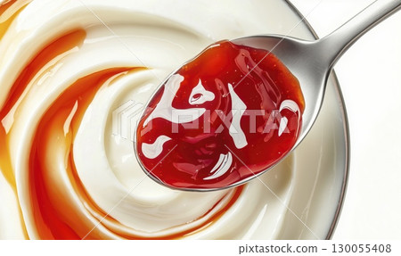 Yogurt with berry jam on spoon, isolated on white background, package design element 130055408