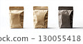 Three brown kraft stand up pouch bags for food packaging isolated on white background with clipping path, copy space 130055418