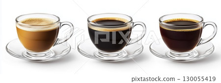 Different types of coffee drinks in glass cups isolated on white background with clipping path 130055419