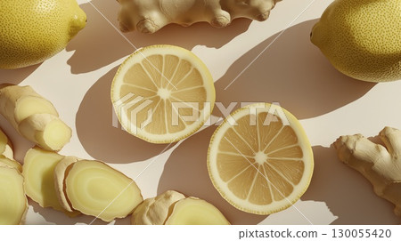 Lemon slices and fresh ginger roots, top view pattern, white background, copy space 130055420
