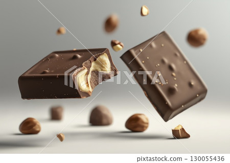 Broken chocolate bar with hazelnuts falling in air with crumbs and pieces, copy space 130055436