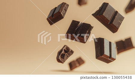 Falling broken chocolate bar pieces, background with copy space 130055438
