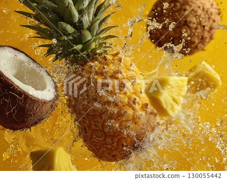 Fresh pineapple and coconut splash on yellow background, tropical fruit photography 130055442