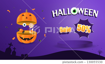 Characters of orange pumpkins and colorful candy on purple background elements with podium for your halloween day text, Vector illustration Characters of orange pumpkins and colorful candy on purple background elements with podium for your halloween day text, Vector illustration 130055530