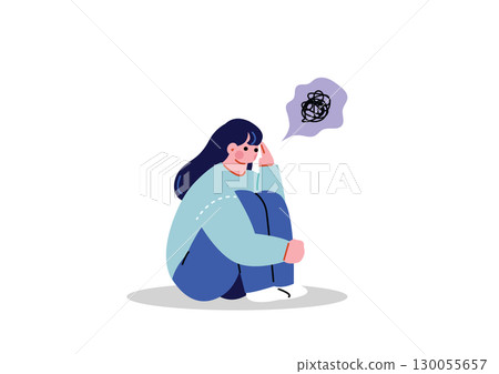 坐在地板上憂心忡忡的女人 130055657