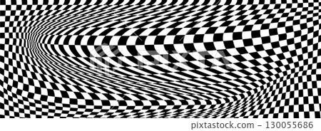 Trippy checkerboard pattern. Retro optical illusion background. Wavy warped chessboard surface.  130055686