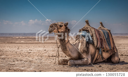 Resting Camel in Desert Landscape with Traditional Saddle Blankets 130055728