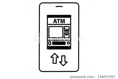 用於在智慧型手機上操作 ATM 的金融科技圖標，黑色和白色 130055767