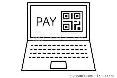 筆記型電腦和線上支付條碼的金融科技圖標，黑白 130055770