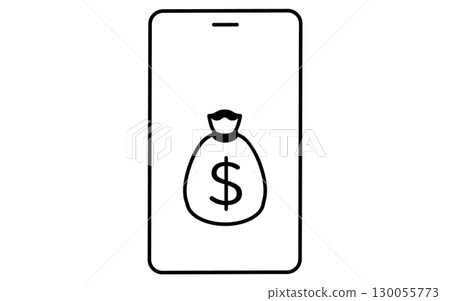 Fintech icon with smartphone and dollar bag, black and white Fintech icon with smartphone and dollar bag, black and white 130055773
