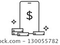 帶有智慧型手機和接收股息圖像的金融科技圖標，黑白 130055782