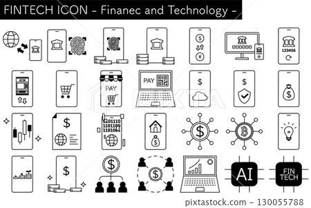 Fintech icons, finance and technology illustration icon set, black and white Fintech icons, finance and technology illustration icon set, black and white 130055788