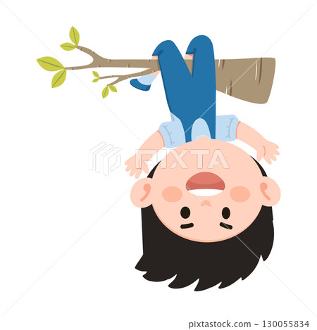 Cartoon Boy Hanging Upside Down From Tree Branch 130055834