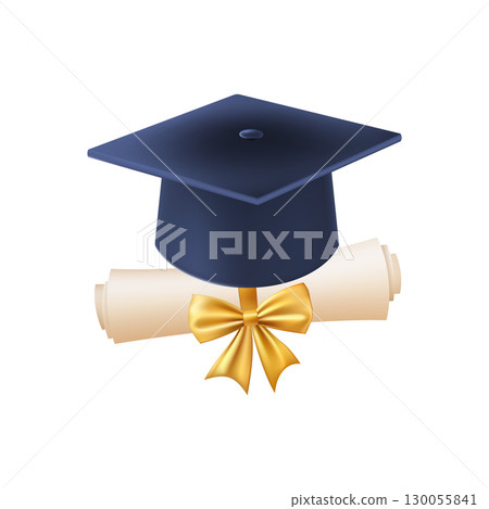3d diploma scroll with graduate hat. Vintage roll paper 130055841