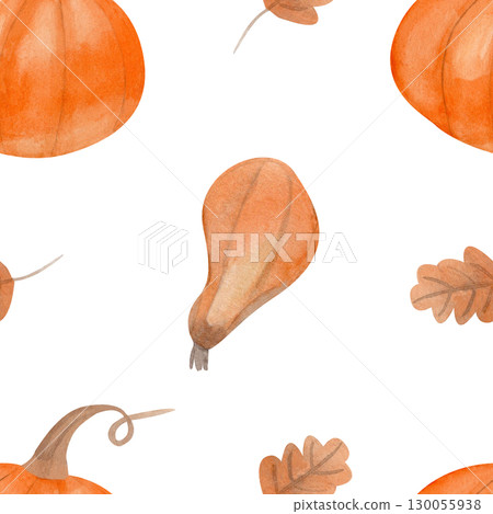 Watercolor hand drawn autumn seamless pattern with pumpkins, oak leaf of muted colors. Perfect for seasonal decor, textile, wrapping paper, stationery, packaging, feminine and fall themed designs Watercolor hand drawn autumn seamless pattern with pumpkins, oak leaf of muted colors. Perfect for seasonal decor, textile, wrapping paper, stationery, packaging, feminine and fall themed designs 130055938