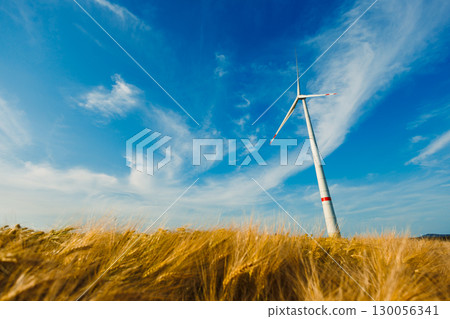 A majestic wind turbine stands tall amidst sprawling golden wheat fields, perfectly framed under a bright blue sky adorned with soft, wispy clouds, symbolizing harmony between nature and technology 130056341