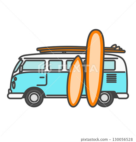 復古廂型車/旅行車經典車、衝浪板以及夏威夷和加州的風景 130056528