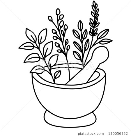 Hand drawn mortar and pestle illustration with wild herbs cottagecore apothecary doodle perfect for herbal magic kitchen witchcraft recipe cards journaling scrapbooking and botanical crafts 130056532