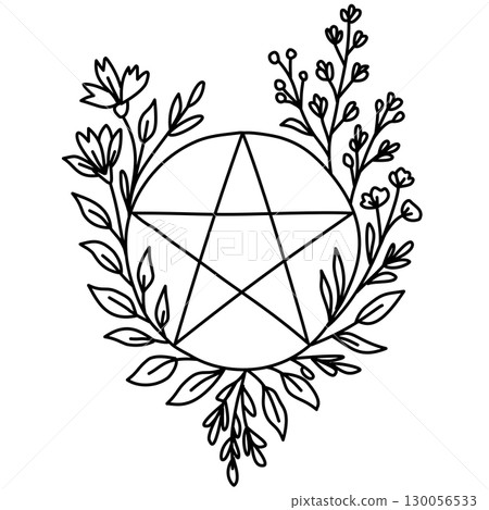 Hand drawn pentagram illustration with wildflower wreath botanical witchcraft doodle perfect for wiccan spell books pagan journaling scrapbooking stickers altar decor and magical crafting projects 130056533