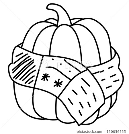 Hand drawn pumpkin with cozy scarf illustration autumn halloween doodle design for fall journaling scrapbooking stickers thanksgiving invitations harvest decorations and cozy cottagecore crafts 130056535