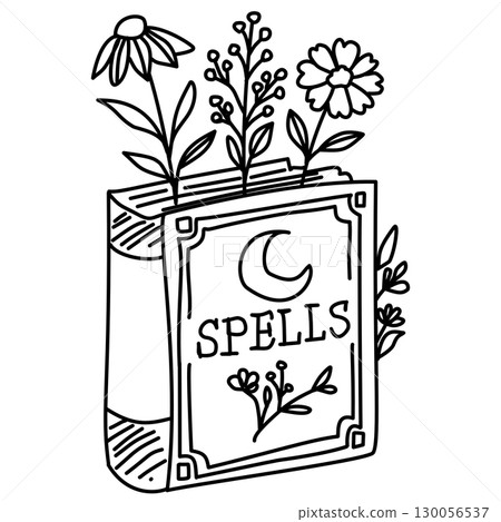 Hand drawn spell book illustration with flowers between pages magical witchy doodle design perfect for halloween journaling scrapbooking stickers book of shadows covers and cottagecore crafts 130056537