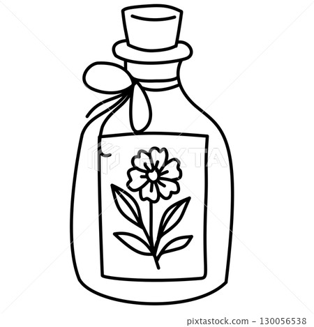 Hand drawn potion bottle illustration with floral label and tied ribbon cottagecore apothecary doodle perfect for spell jars herbal recipes journaling scrapbooking stickers and witchy crafts 130056538