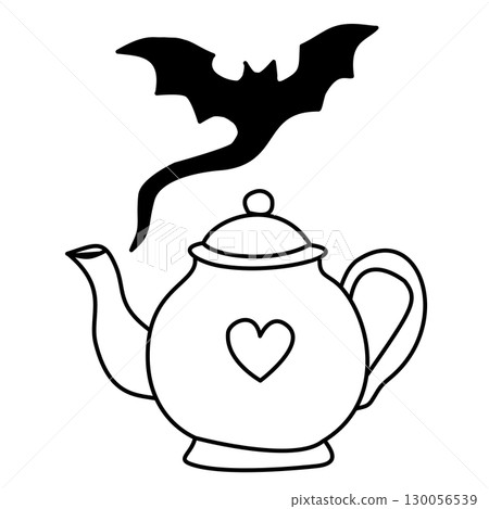 Hand drawn halloween teapot illustration with heart shaped detail and bat shaped steam cozy spooky doodle design for journaling scrapbooking stickers party invitations and witchy kitchen crafts 130056539
