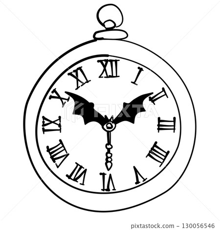 Hand drawn halloween pocket watch illustration with bat shaped clock hands spooky roman numerals magical gothic doodle for journaling scrapbooking stickers party invitations decorations and crafts 130056546