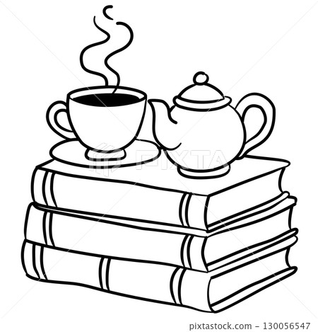 Hand drawn book stack illustrations with coffee cups cozy reading doodle designs cottagecore study elements for journaling scrapbooking stickers invitations classroom decorations and crafts 130056547