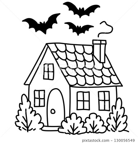 Hand drawn haunted house and bat illustrations with spooky halloween doodle designs whimsical night sky elements for journaling scrapbooking stickers party invitations and creative crafts 130056549