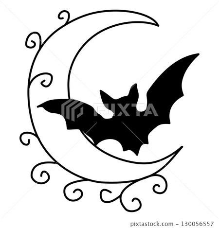 Hand drawn halloween bat and crescent moon illustration with swirling gothic vine doodles magical spooky night sky design for journaling scrapbooking stickers party invitations and mystical crafts 130056557