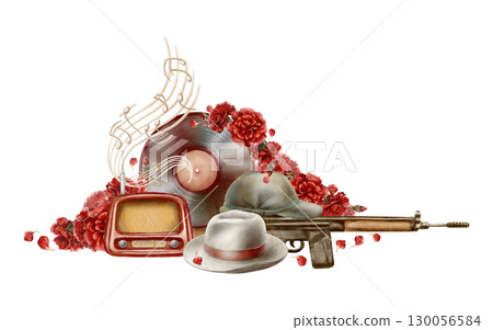 Portuguese revolution of carnations symbols watercolor isolated illustration.Portugal Freedom day holiday clip art with vintage rifle,red carnations,military cap,felt hat,vintage radio,notes,vinyl 130056584