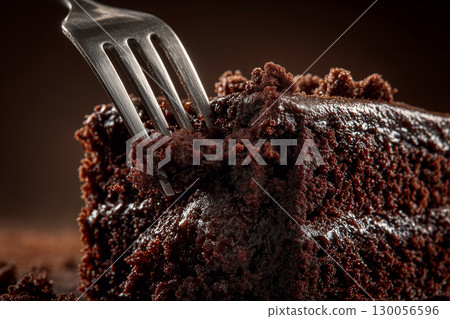 用叉子將濃鬱的巧克力蛋糕切成小塊 用叉子將濃鬱的巧克力蛋糕切成小塊 130056596