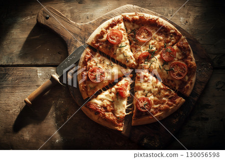 Freshly baked pizza on a wooden board 130056598