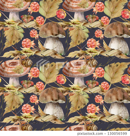 Bolete cep milk-cap mushroom, cloudberry berries twigs, snail on fallen autumn leaves pile. Seamless pattern isolated on dark, hand drawn in watercolor. Forest harvest. Food packaging, scrapbooking 130056599