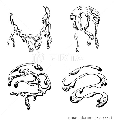 Topping trickle of glossy melted chocolate syrup, thick dripping swirl flow marks. Vector graphic illustration hand drawn in ink, line sketch. Dessert menu illustration, bakery signage, artisan label Topping trickle of glossy melted chocolate syrup, thick dripping swirl flow marks. Vector graphic illustration hand drawn in ink, line sketch. Dessert menu illustration, bakery signage, artisan label 130056601
