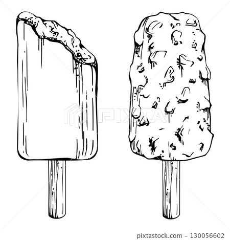Popsicle with crushed nuts coat on stick, ice cream bar dipped in chocolate shell. graphic illustration hand drawn in vector ink. Gourmet flavor branding, artisanal dessert design, street food vendor. Popsicle with crushed nuts coat on stick, ice cream bar dipped in chocolate shell. graphic illustration hand drawn in vector ink. Gourmet flavor branding, artisanal dessert design, street food vendor. 130056602