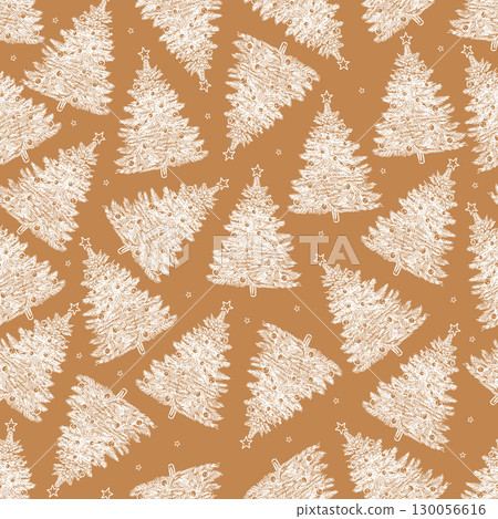 Vintage vector pattern of Christmas tree. New Year pines on a golden background with stars. Christmas retro pattern. Vintage Christmas. Vector illustration. Vintage vector pattern of Christmas tree. New Year pines on a golden background with stars. Christmas retro pattern. Vintage Christmas. Vector illustration. 130056616