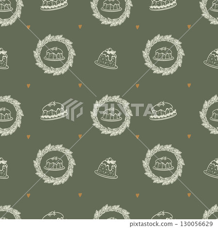 Christmas cakes, fir wreaths and hearts seamless pattern on green background. Green, gold and beige color scheme. Christmas baking. Vintage background. Seamless retro pattern. Vector illustration. 130056629