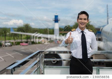Portrait of a airplane captain in uniform preparing to fly 130056656